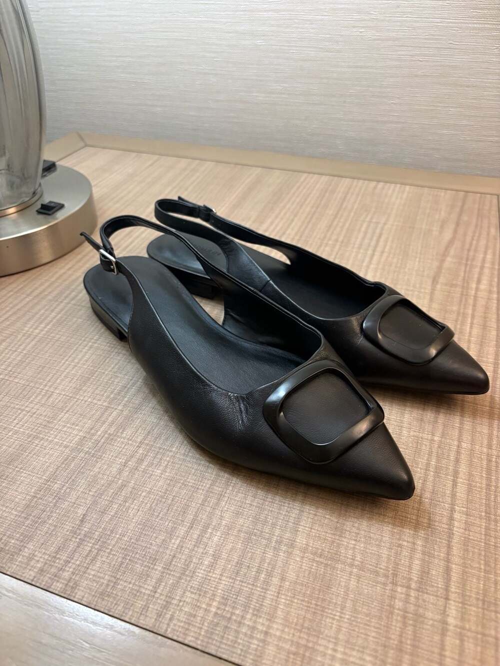 Nordstrom NOBECCA-LEA Black Leather Pointed Toe Buckle Slingback Flat Shoes